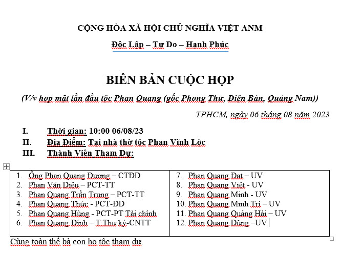 DANH SÁCH BAN ĐẠI DIỆN TỘC PHAN QUANG TIỀN